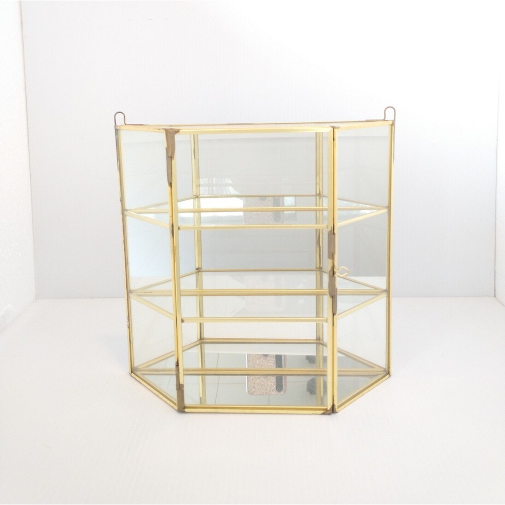 VTG Brass/Glass Tabletop/Wall Trinket Display Case Curio Cabinet Mirrored Back